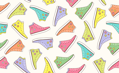 Funny Groovy seamless pattern in trendy retro style. Y2k collection. Retro y2k style. Retro hipster y2k pattern. Retro sneakers.
