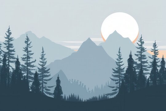 A serene dawn scene with a large sun rising over a mountain range, with tall pines in the foreground silhouetted against the soft pastel sky. Generative AI - Powered by Adobe