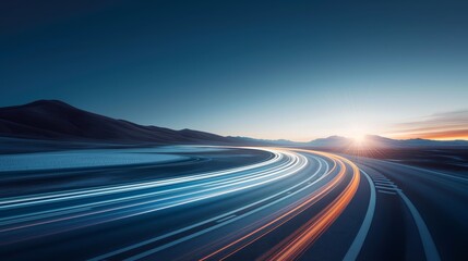 Long Exposure Highway with Light Trails at Sunset, Capturing the Speed and Motion of Traffic on a Modern Roadway, Creating a Dynamic and Vibrant Scene