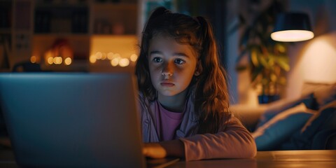 Fototapeta premium A young girl sitting in front of a laptop, likely doing homework or learning online