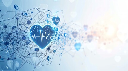 Fototapeta premium World Health Day with medical symbols and heartbeats, blue and white colors, ample copy space