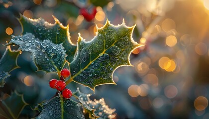 Close-up of a holly leaf with red berries, covered in frost, with a blurry background of golden lights.