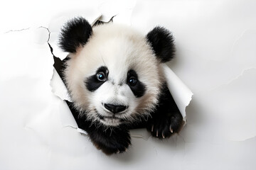 Panda steckt seinen Kopf durch aufgerissenes Loch in weißer Papierwand, Tierfotografie, erstellt...