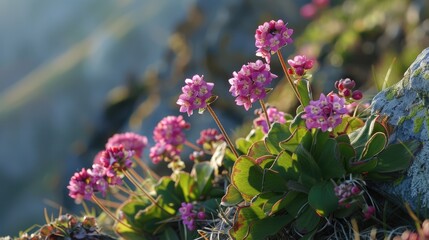 Obraz premium Close up of Bergenia crassifolia flowers blooming on a mountain slope