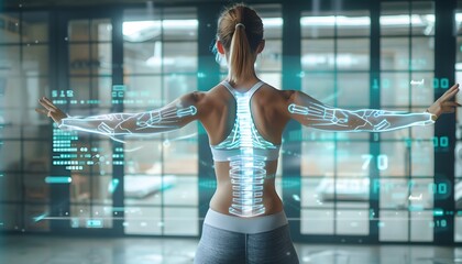A woman in sportswear stands in front of a digital display with a 3D holographic image of her skeletal system. The display is showing various data and information about her body