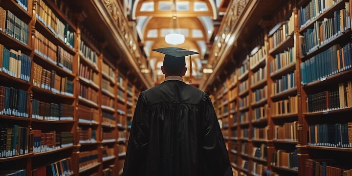 Graduate Student Walking Through Library