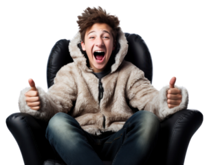 PNG Chubby teenager sitting on bean bag chair shouting white background excitement.