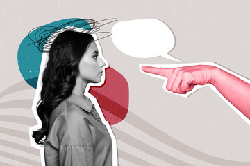 Composite photo collage of serious offended girl human hand index finger point blame stereotype...