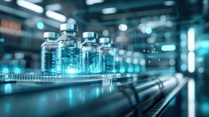 Fototapeta premium Sci-fi biotech facility, glowing vials, advanced pharmaceutical production, futuristic technology