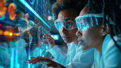 Scientist analyzing data on digital display screen with advanced graphic and glowing interface elements in futuristic laboratory