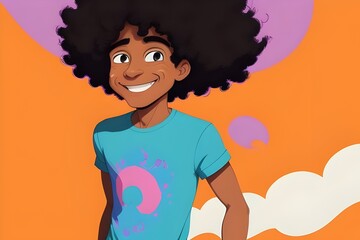 A vibrant and colorful image of a 1970s happy man with an afro hairstyle. he is mixed race. retro, vintage, psychedelic, Funky, Groovy, Disco, Smiling, Joyful, Fashion, Bell-bottoms, Tie-dye, Funk