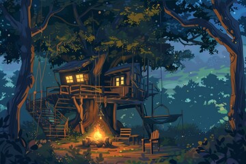 A treehouse with a fire pit for gathering around with friends, cozy vibe, Generative AI