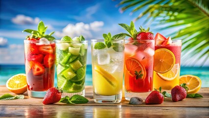 Fototapeta premium Refreshing summer drinks perfect for hot days at the beach or by the pool, summer, drinks, cold, beverages, cocktails