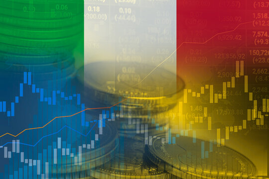 Stock market investment trading financial, coin and Italy flag or Forex for analyze profit finance business trend data.