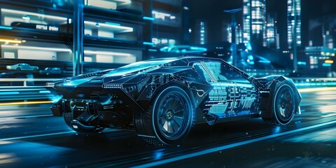 Fototapeta premium Futuristic cybertruck car displayed in blue HUD interface embodying cyberpunk aesthetic. Concept Cybertruck, Futuristic Design, HUD Interface, Cyberpunk Aesthetic, Innovative Technology