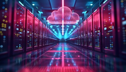 A glowing cloud icon hangs above rows of servers in a dimly lit data center.