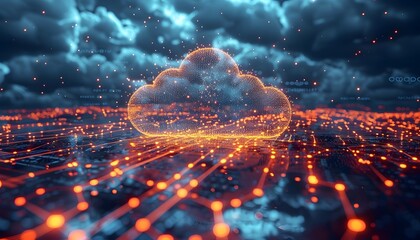 A glowing cloud icon over a network of data streams.  A representation of cloud computing.