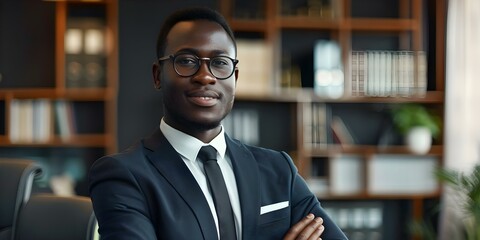 Confident African attorney working proudly in a law firm. Concept Lawyer, African Professional, Confidence, Law Firm, Work Pride