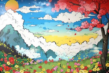 Vibrant Landscape Mural with Mountain and Blossoming Tree