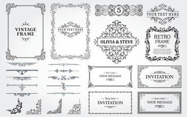 Design elements set, decorative flourish border corner and frame collection for invitation, menu and page decoration