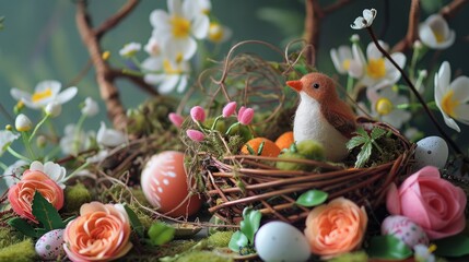 Easter theme with spring blooms eggs and whimsical birds in a felt basket