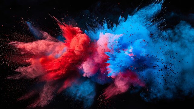 Photo of an explosion of blue and red powder on a black background. Colored clouds. Multicolored dust explosion. Painted Holi.