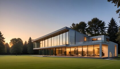 Fototapeta premium An isolated glass mansion with large windows, surrounded by a grassy field and trees in the background at sunset