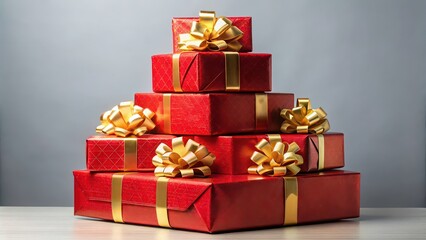 Stack of vibrant red gift boxes with gold bows and ribbon , present, celebration, holiday, festive, wrapping, surprise