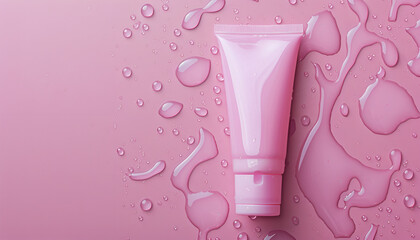 Moisturizing cream in tube on pink background with water drops, top view. Space for text
