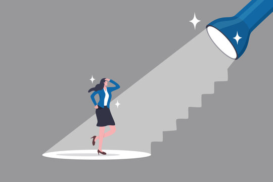 Career guidance or advice to step up career path, business direction or spotlight to success, discover talent or job candidate concept, flashlight staircase light beam to step up for businesswoman.