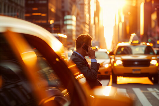 Fototapeta A businessman in a sharp suit is seen through the window of a yellow taxi, engaged in a phone conversation. The New York City skyline is visible in the background, illuminated by t