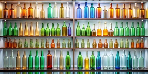 Bottle display featuring various glass bottles on shelves , retail, presentation, showcase, exhibition