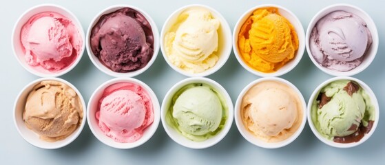 Set of colorful ice cream scoops in bowls on plain background, top view