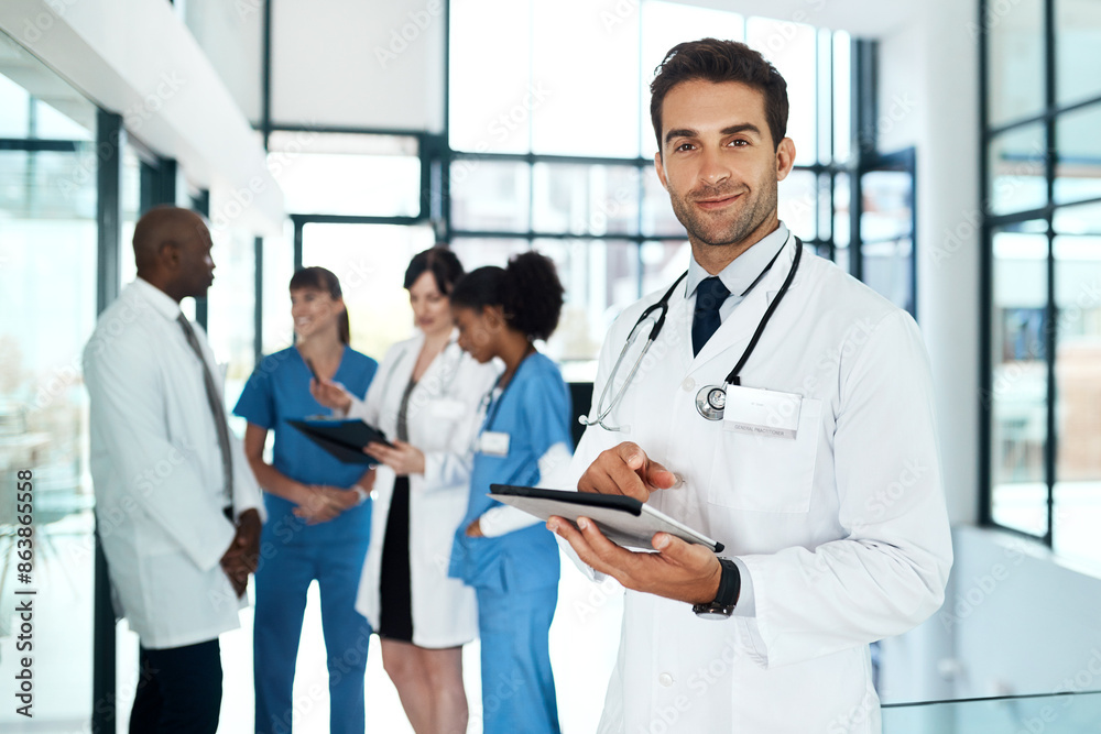 Poster Man, portrait and doctor with tablet in hospital healthcare, Telehealth and research for diagnosis prescription. Pride, male medic and digital, information and planning surgery for wellness at clinic