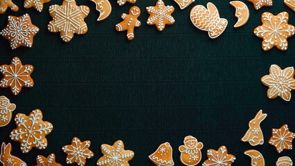 Gingerbread Cookies Variety Dark Wood Background Flat Lay