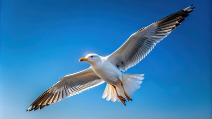Fototapeta premium Seagull soaring gracefully against a clear blue sky , Seagull, Bird, Sky, Flight, Wings, Nature, Wildlife, Coastal, Beach