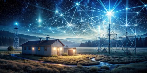 Fototapeta premium A nighttime countryside laboratory illuminated by a spotlight where scientists conduct a groundbreaking quantum entanglement experiment.