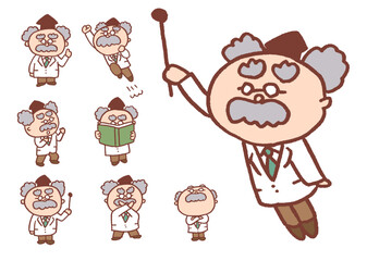 茶色の線画の丸っこくてかわいい髭の博士