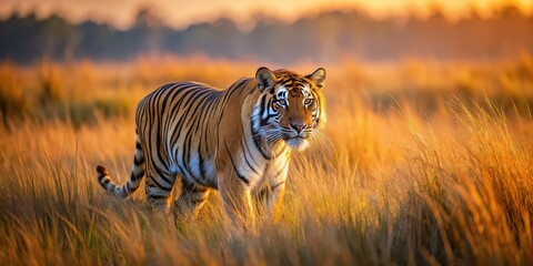 Naklejka premium Tiger merging with tall grass of the savannah in golden hour lighting , tiger, stripes, savannah