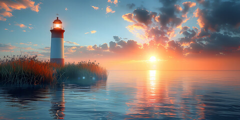 Obraz premium A marine landscape with lighthouse among calm sea at sunset with cloudy sky.