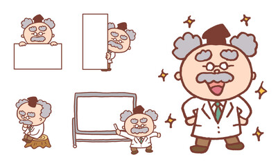 茶色の線画の丸っこくてかわいい髭の博士