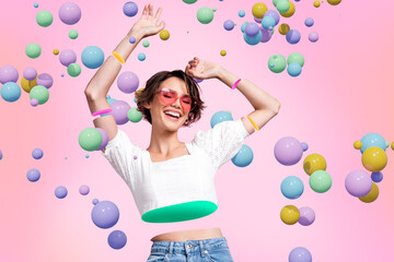 Creative young cheerful girl dance party celebrate event 3d spheres virtual reality simulation glasses positive mood rejoice entertainment
