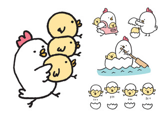 線画の丸っこくてかわいいにわとりの親子