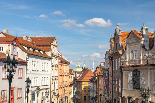 PRAGUE, CZECH REPUBLIC - MAY 6, 2023: Neruda Street in Lesser Town under Prague Castle.