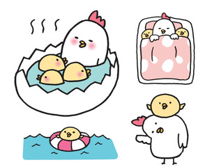 線画の丸っこくてかわいいにわとりの親子 © Tossan