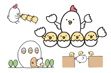 線画の丸っこくてかわいいにわとりの親子 © Tossan
