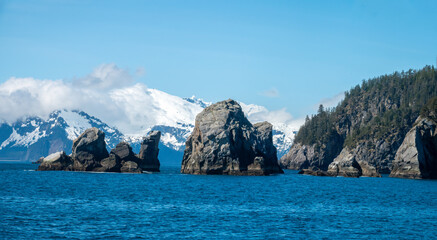 Chain of Rocky Islands and islets protect Resurrection Bay from the fury of the Gulf of Alaska, Kenai Fjords National Park, Seward, Alaska, USA