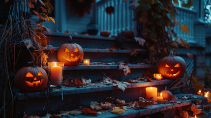 Scary house entrance with pumpkin decoration and Halloween garland on wooden stairs in autumn foliage, Jack-o'-lanterns with creepy faces. Background for Halloween design.