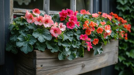 Fototapeta premium Vibrant Pink Petunias in a Window Box on a Sunny Day