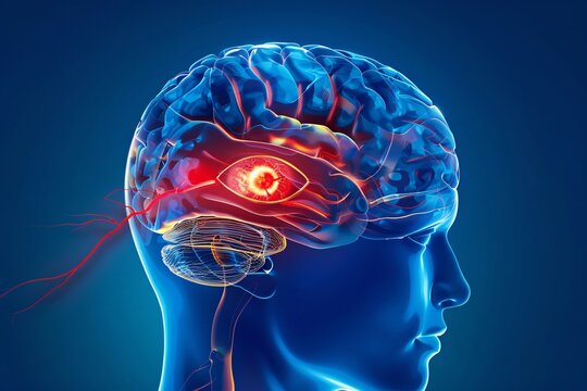 a blue human brain with red and blue lights